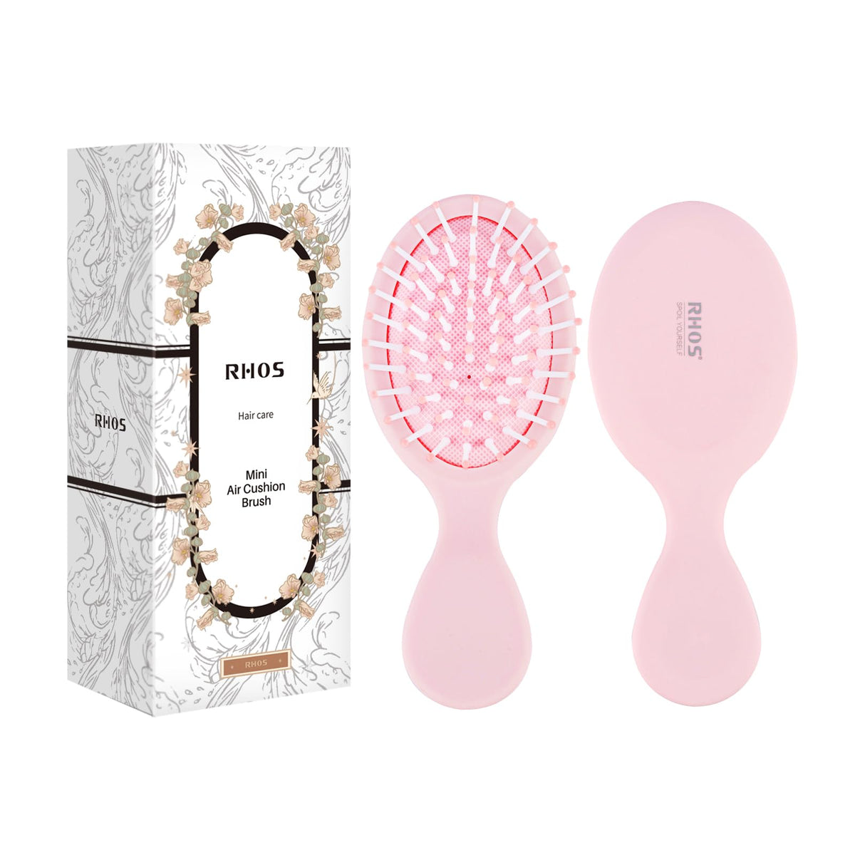 RHOS Mini Hair Brush in pink, front view
