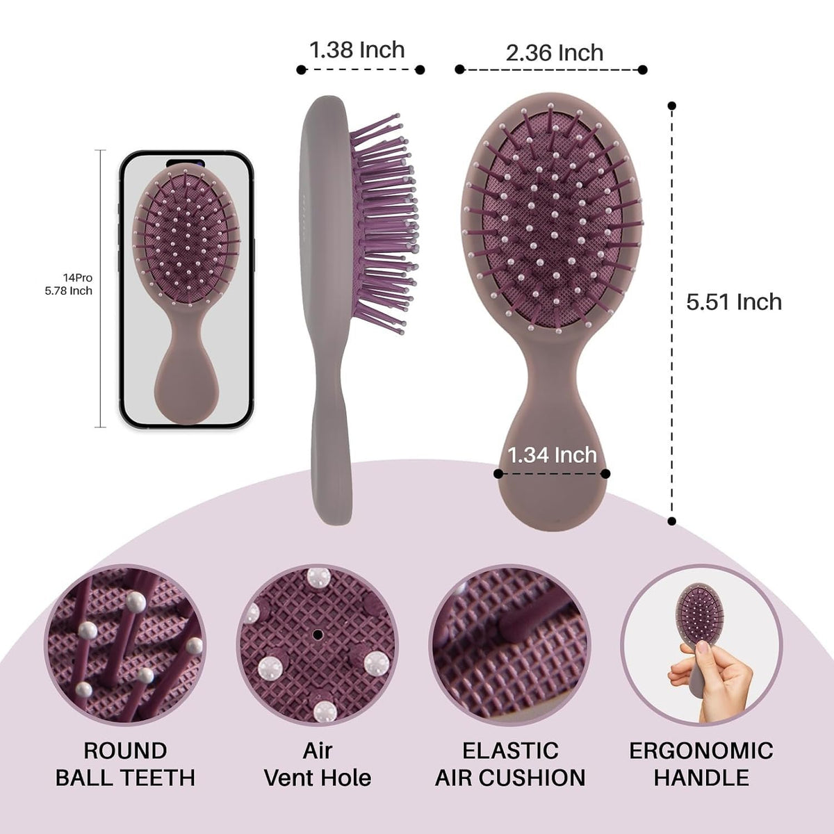 RHOS Mini Hair Brush side view showing bristles