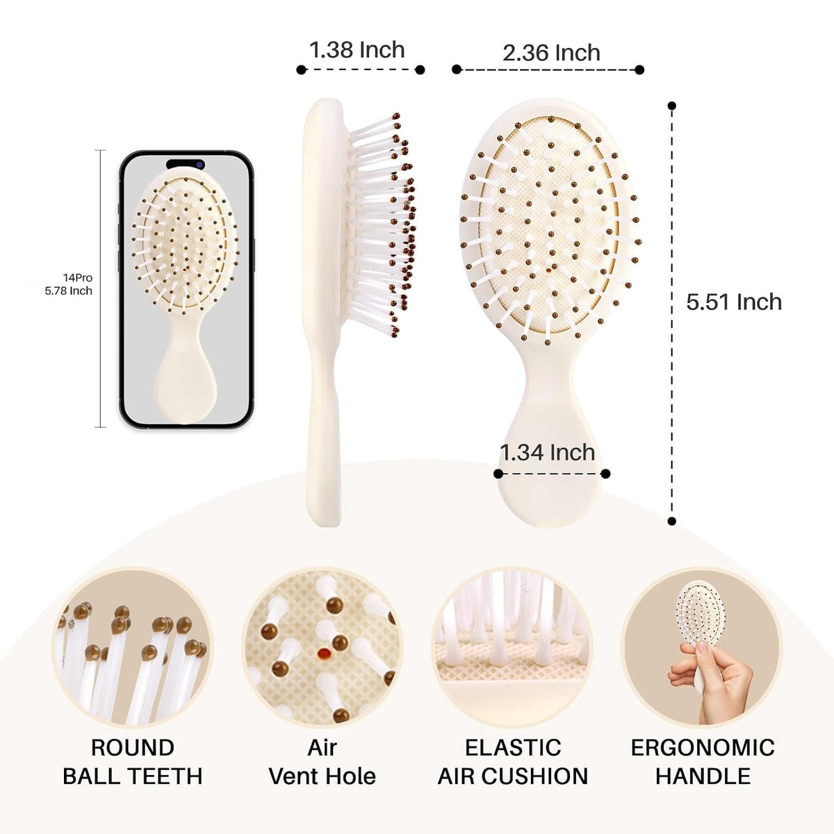 RHOS Mini Hair Brush side view showing bristles