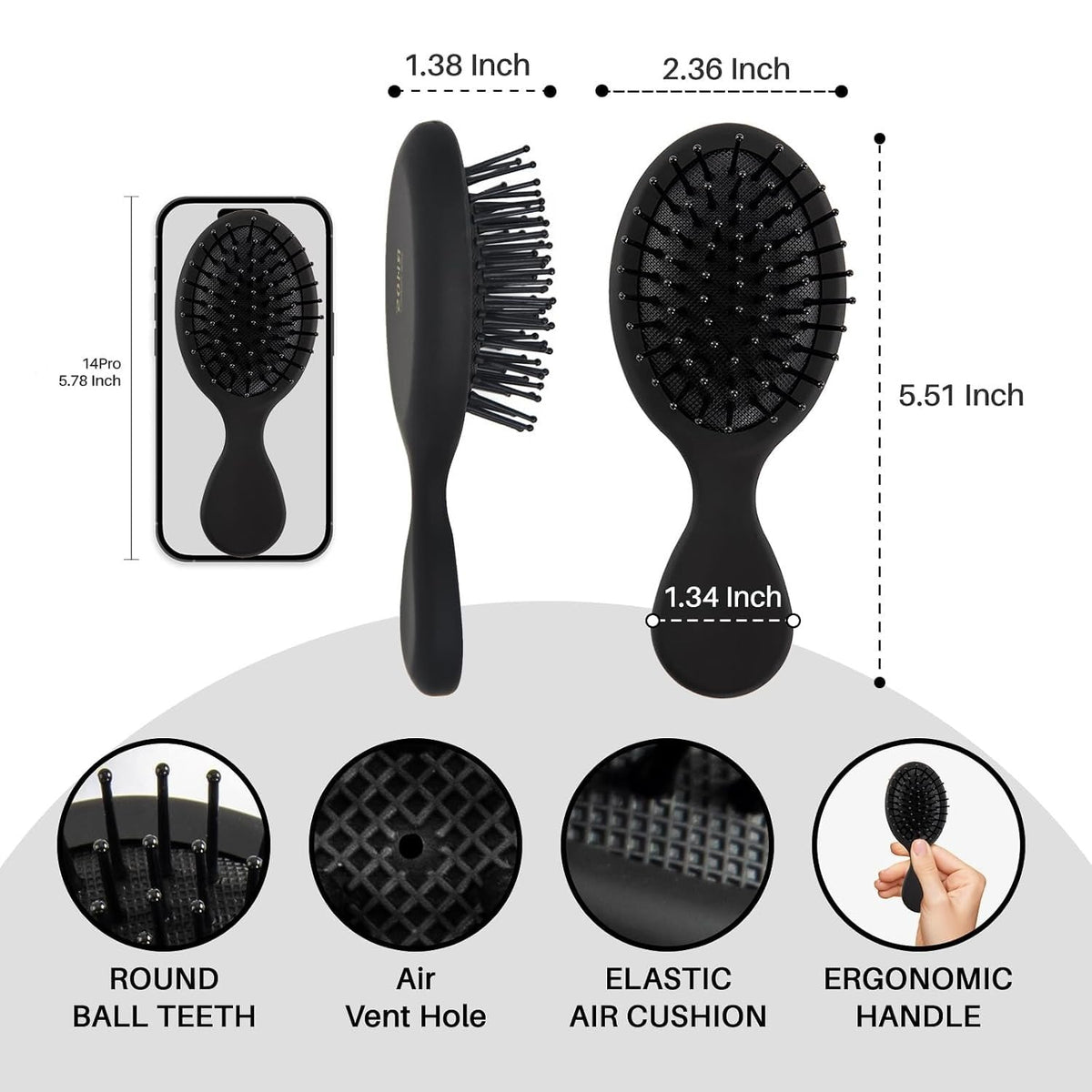 RHOS Mini Hair Brush side view showing ergonomic handle