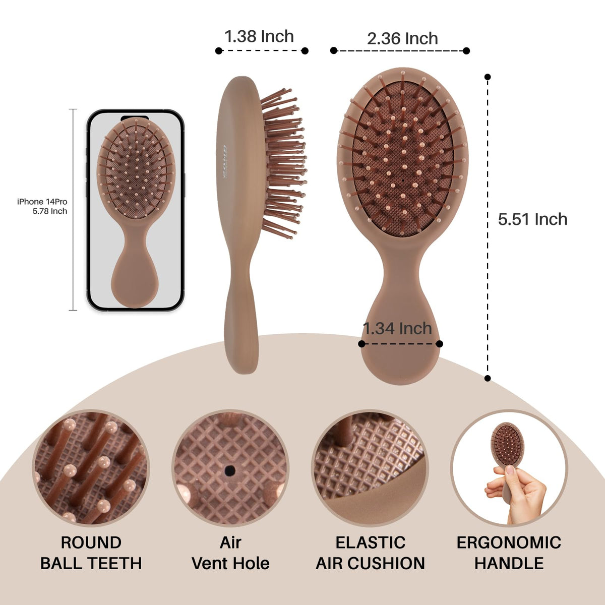 RHOS Mini Hair Brush side view showing ergonomic handle