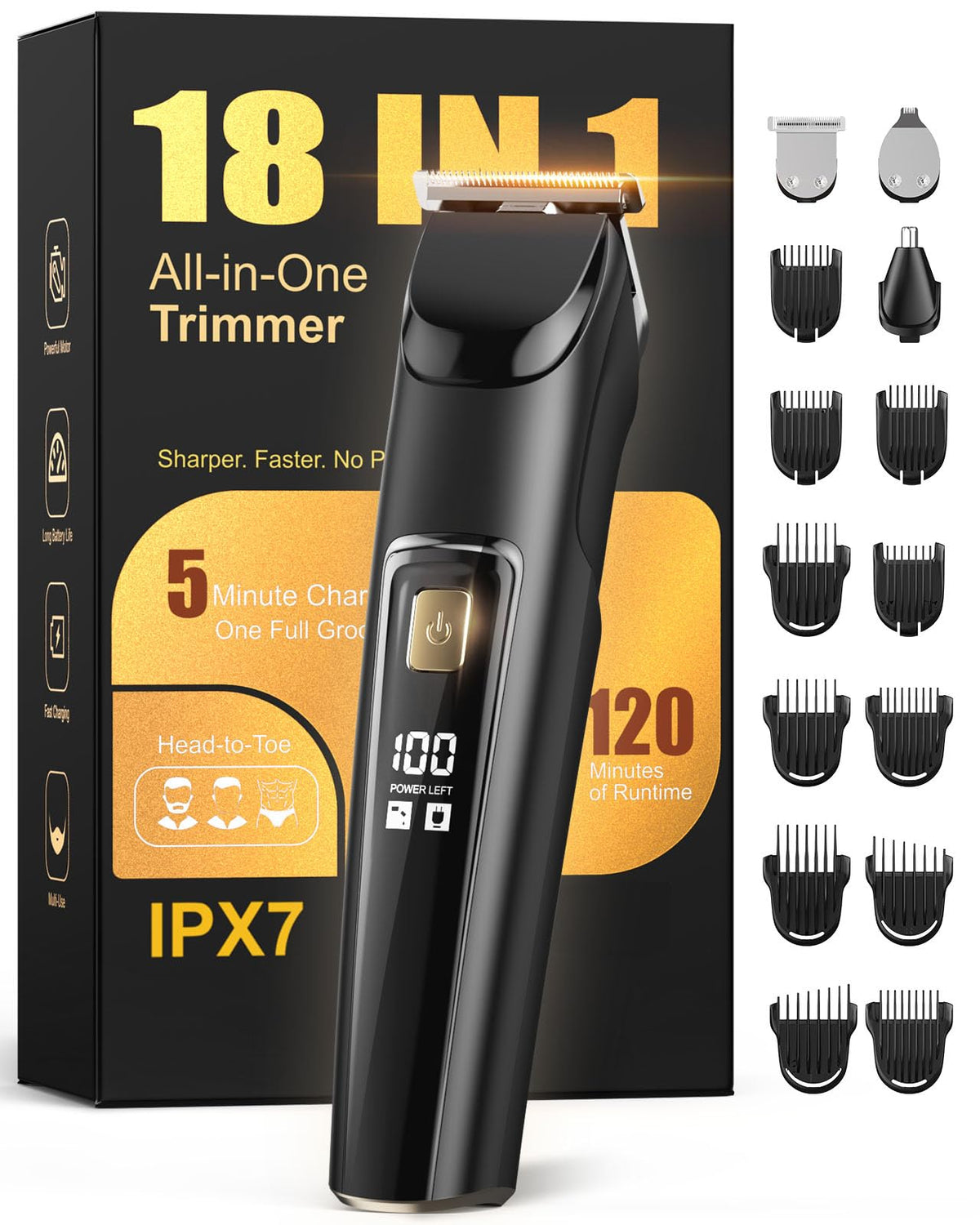 RICAF Beard Trimmer for Men front view with multiple attachments
