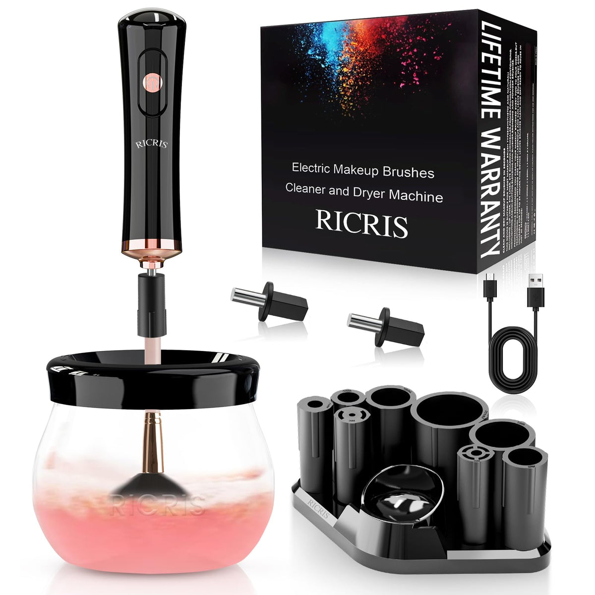 RICRIS Electric Makeup Brush Cleaner front view with bowl and connectors