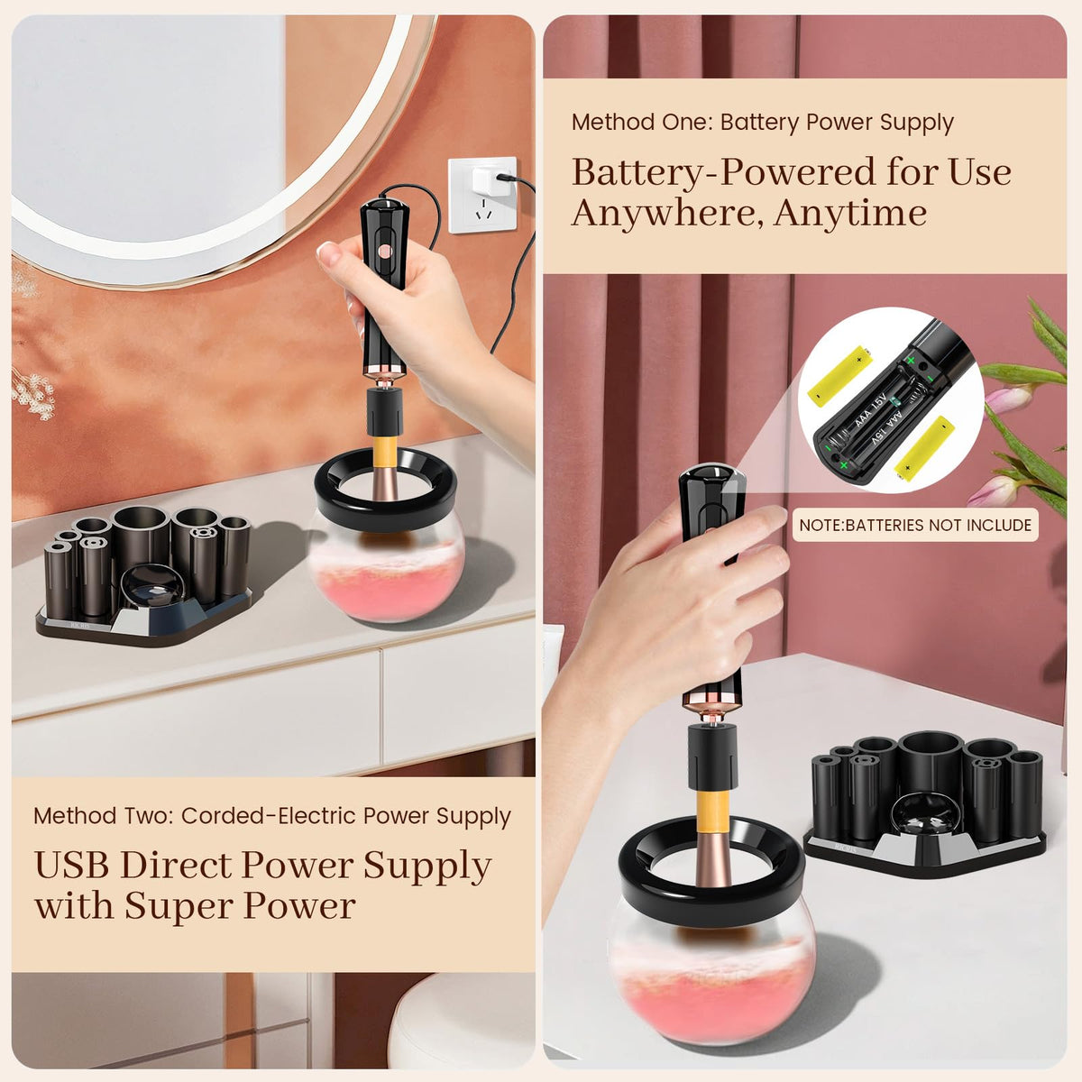 RICRIS Electric Makeup Brush Cleaner showing USB power supply
