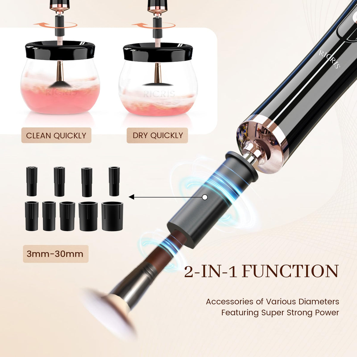 RICRIS Makeup Brush Cleaner showing flexible silicone connectors
