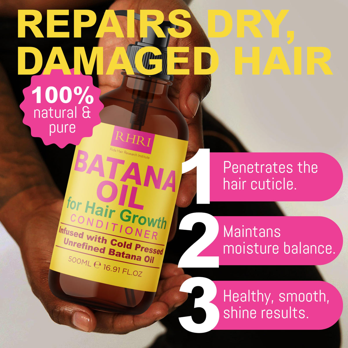 Rida Hair Research Institute Batana Oil Shampoo and Conditioner Set on bathroom shelf