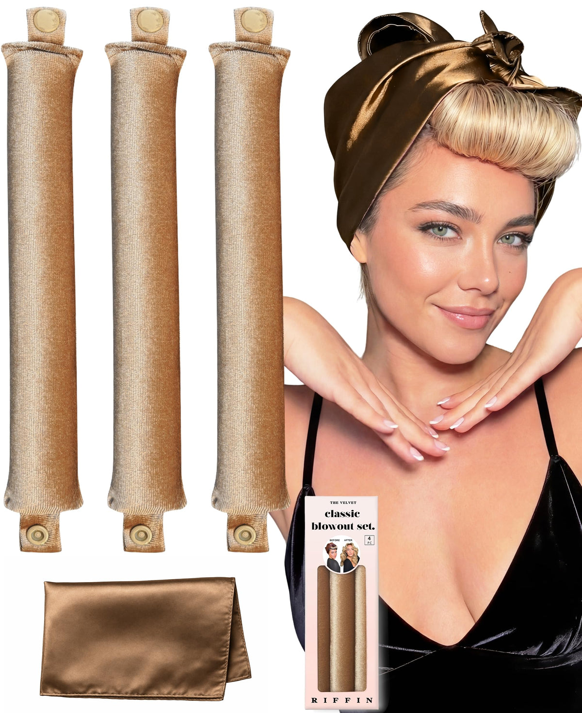 RIFFIN Classic Heatless Curls Overnight Rods set with velvet texture