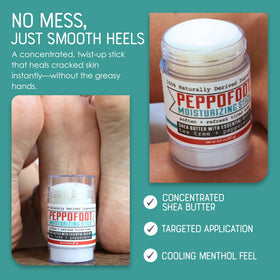 Rinse Bath & Body Peppofoot Heel Balm Stick packaging on a wooden surface