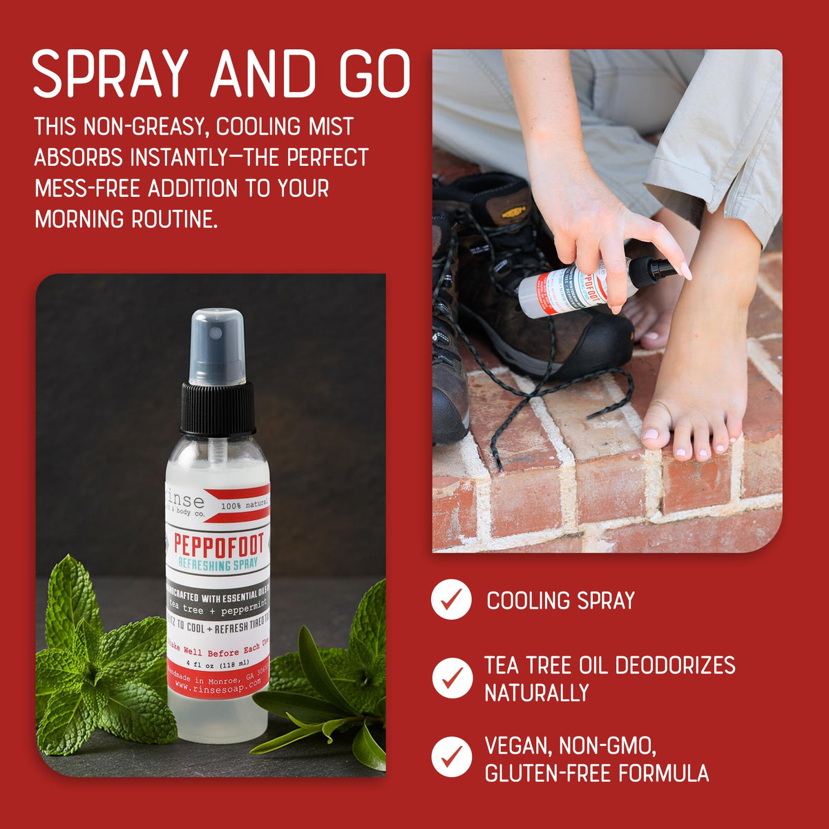 Rinse Bath & Body Peppofoot Peppermint Foot Spray in a gym bag