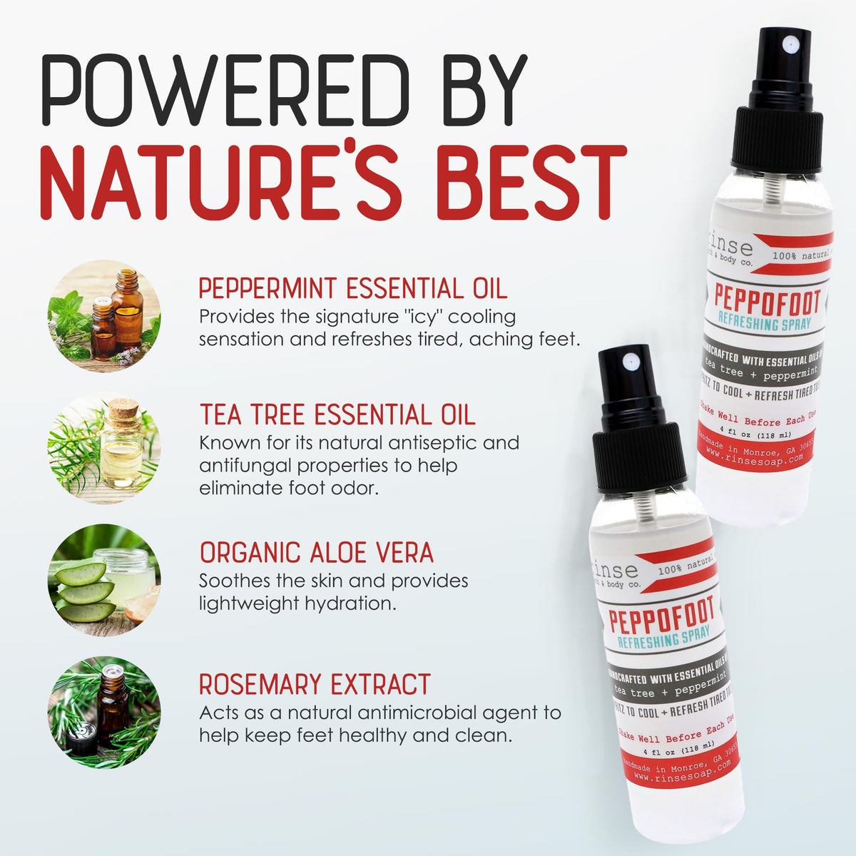 Rinse Bath & Body Peppofoot Peppermint Foot Spray surrounded by natural ingredients
