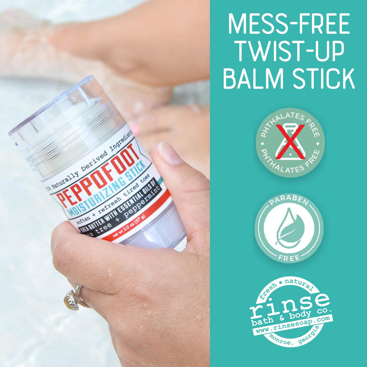 Rinse Peppofoot Heel Balm Stick beside a pair of socks