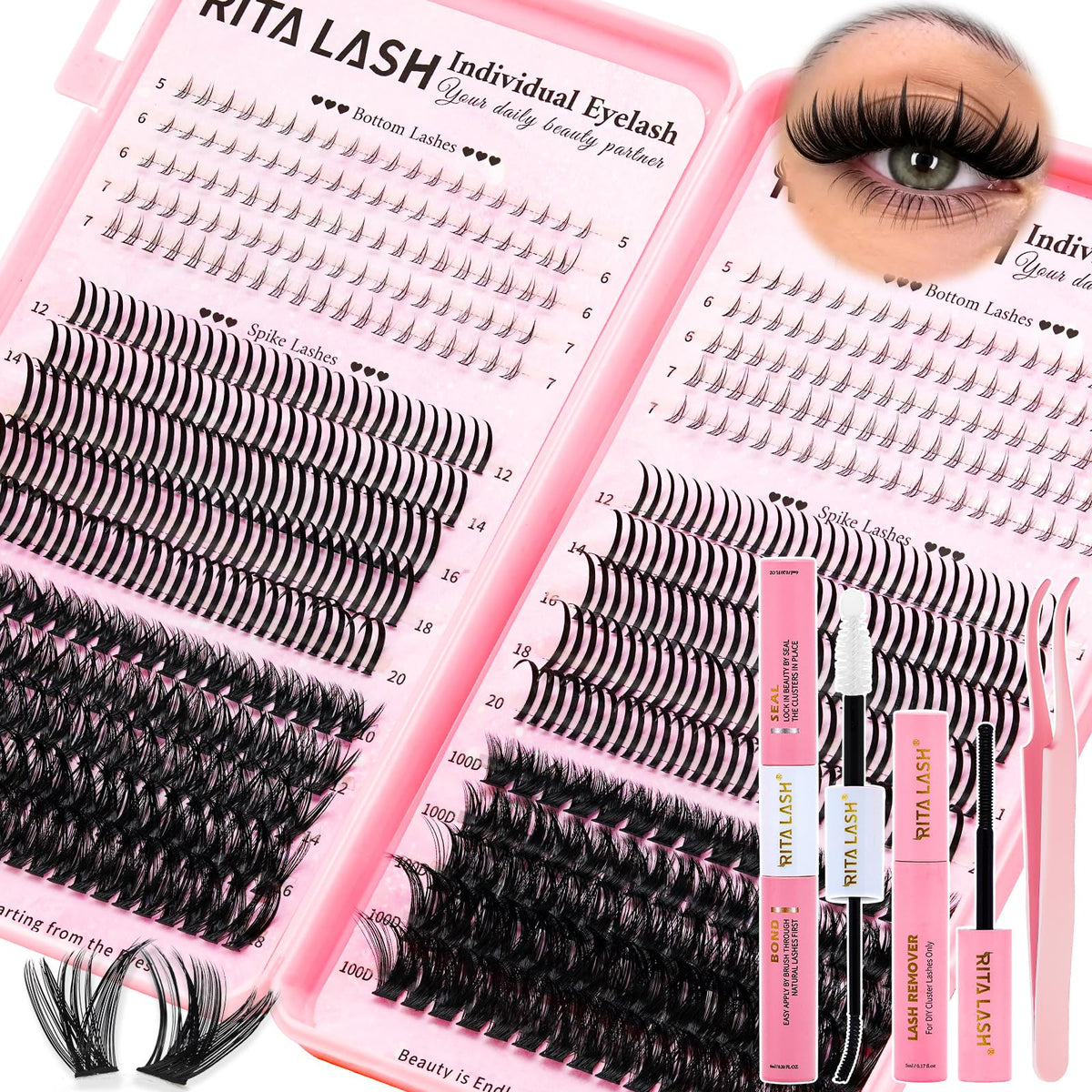 RITALASH Cluster Eyelash Extensions Kit with lashes and tools
