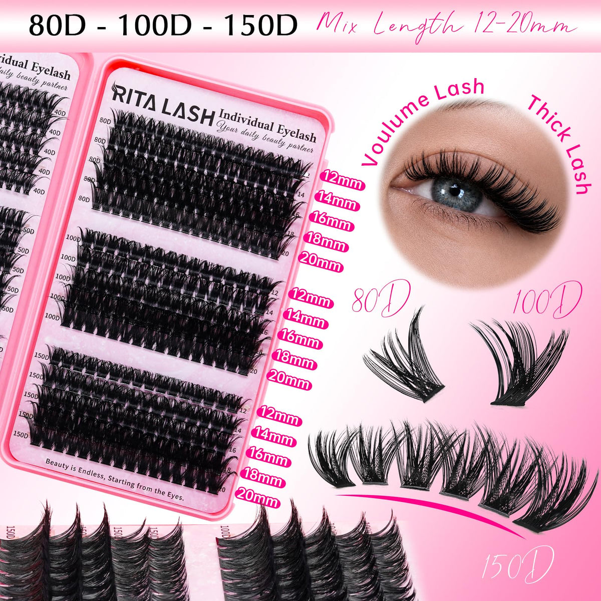 RITALASH cluster lashes displayed in various styles