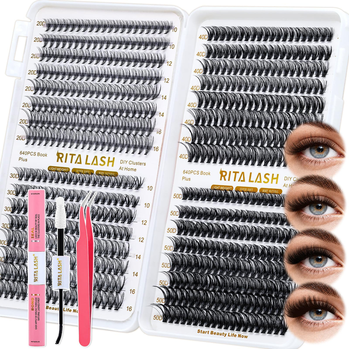 RITALASH Lash Clusters Kit 640pcs with lash tweezers and bond