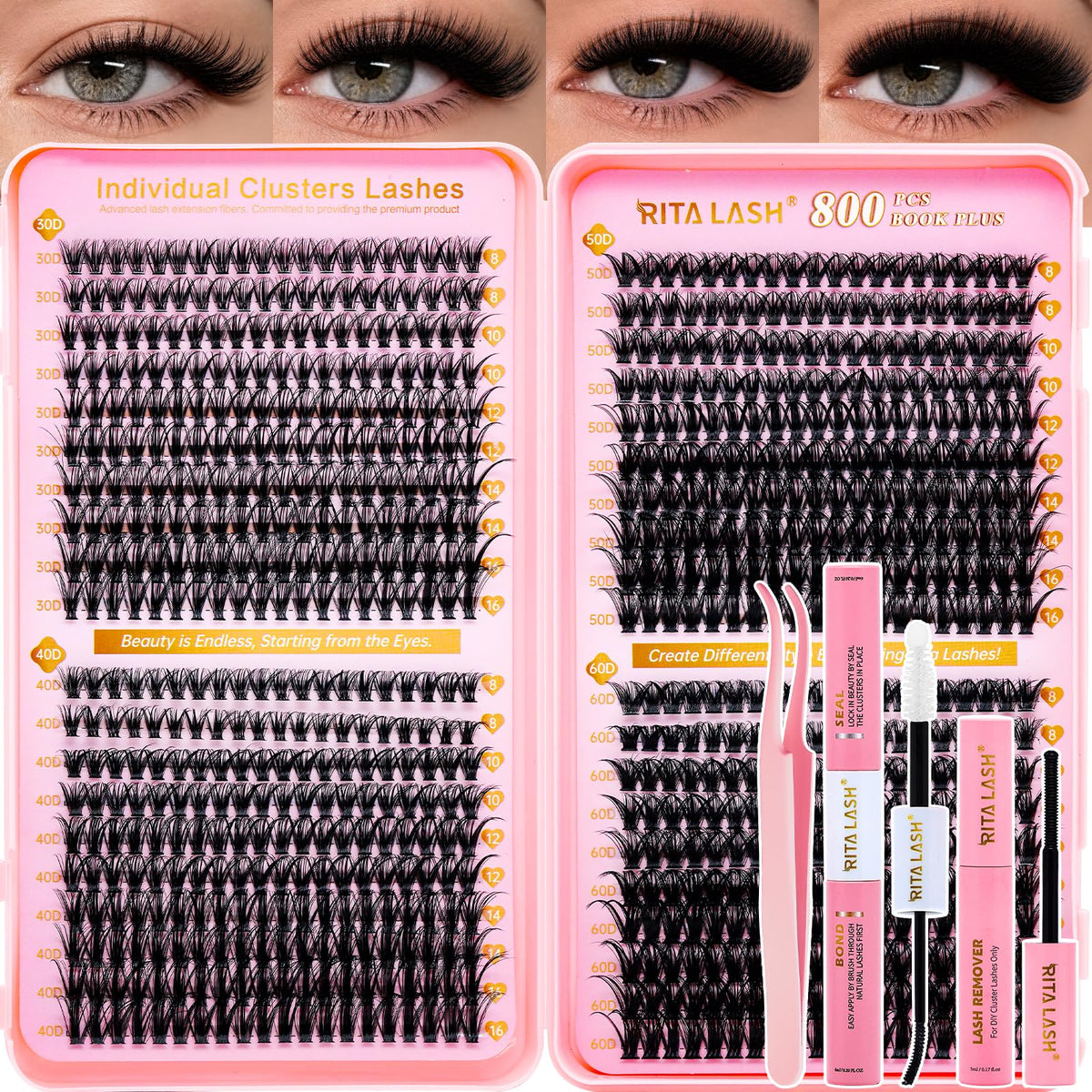 RITALASH Lash Clusters Kit with 800 cluster lashes and accessories