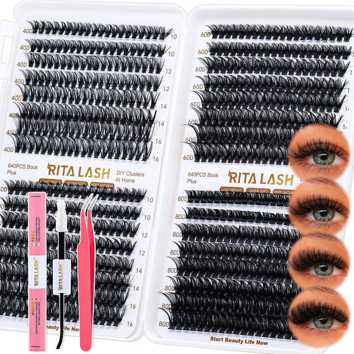 RITALASH Lash Extension Kit 640pcs front view with lash clusters