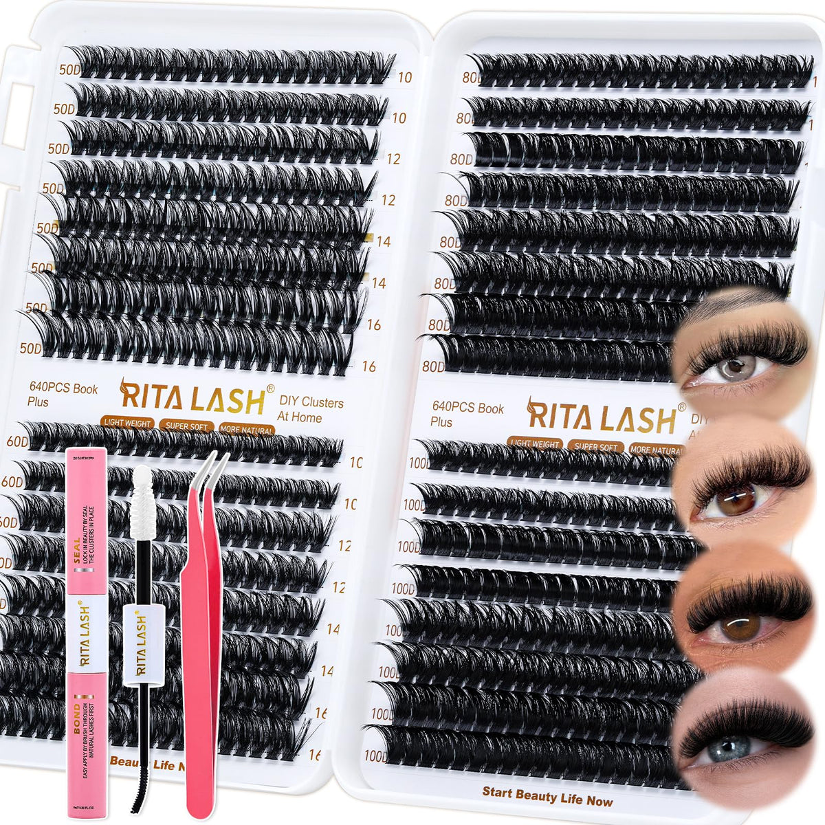 RITALASH Lash Extension Kit 640pcs with lash clusters and tweezers