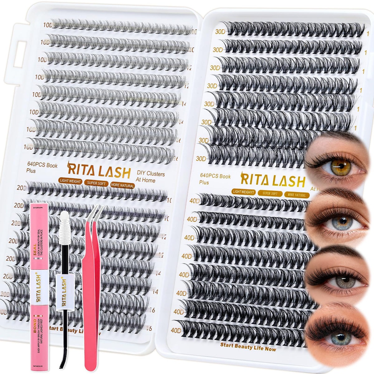 RITALASH Lash Extension Kit 640pcs with lash tweezers and bond