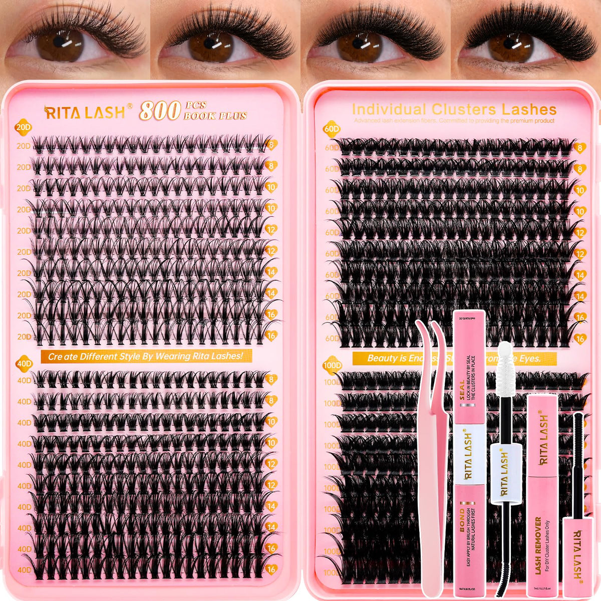 RITALASH Lash Extension Kit containing 800 cluster lashes and accessories