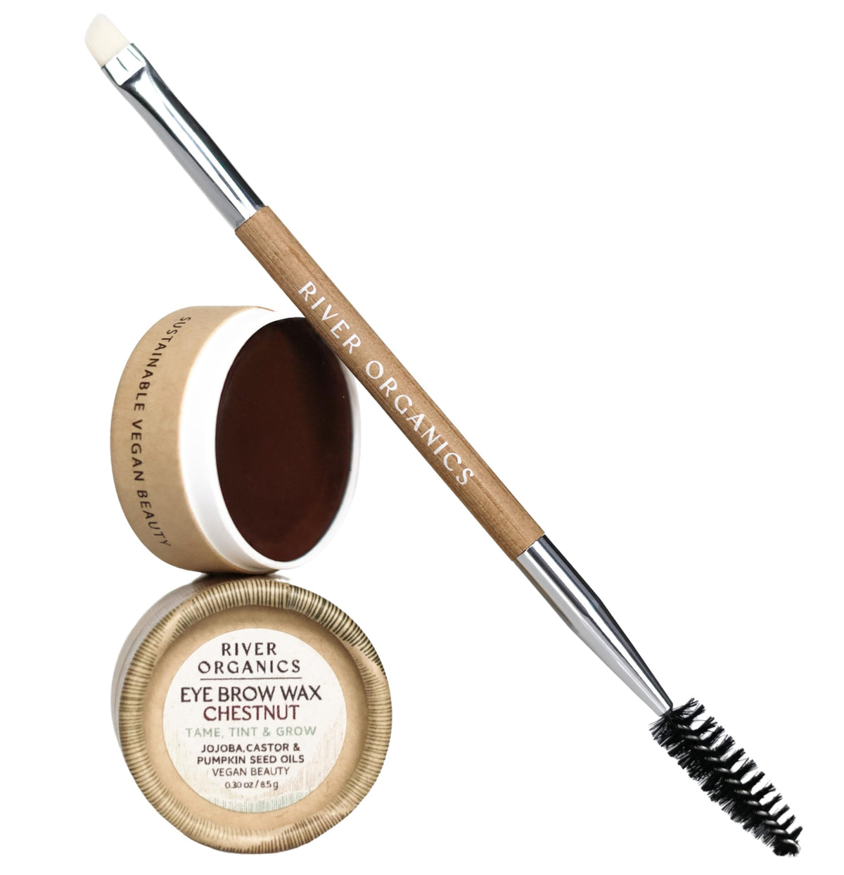 River Organics Dark Brow Wax in Chestnut shade with brush