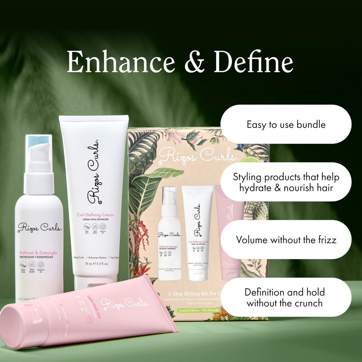 Rizos Curls 3-Step Styling Kit with instructions on application