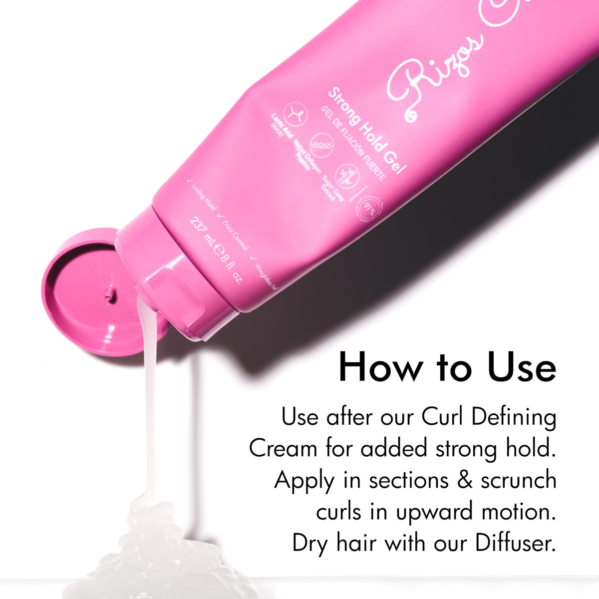 Rizos Curls Strong Hold Gel application on curly hair