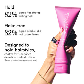 Rizos Curls Strong Hold Gel with ingredients on display