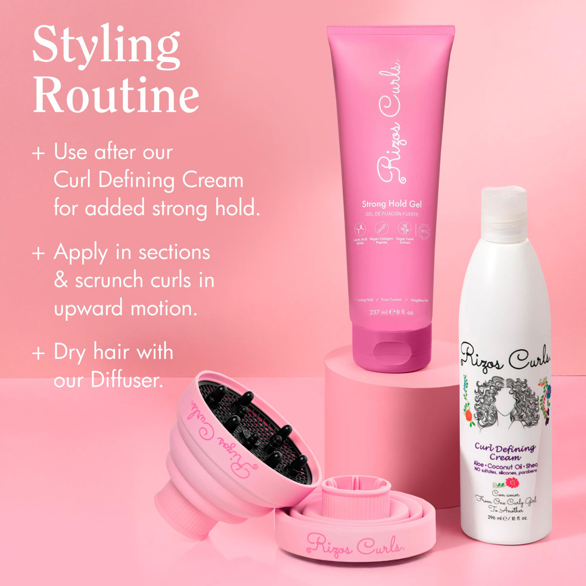 Rizos Curls Strong Hold Gel with other hair care products