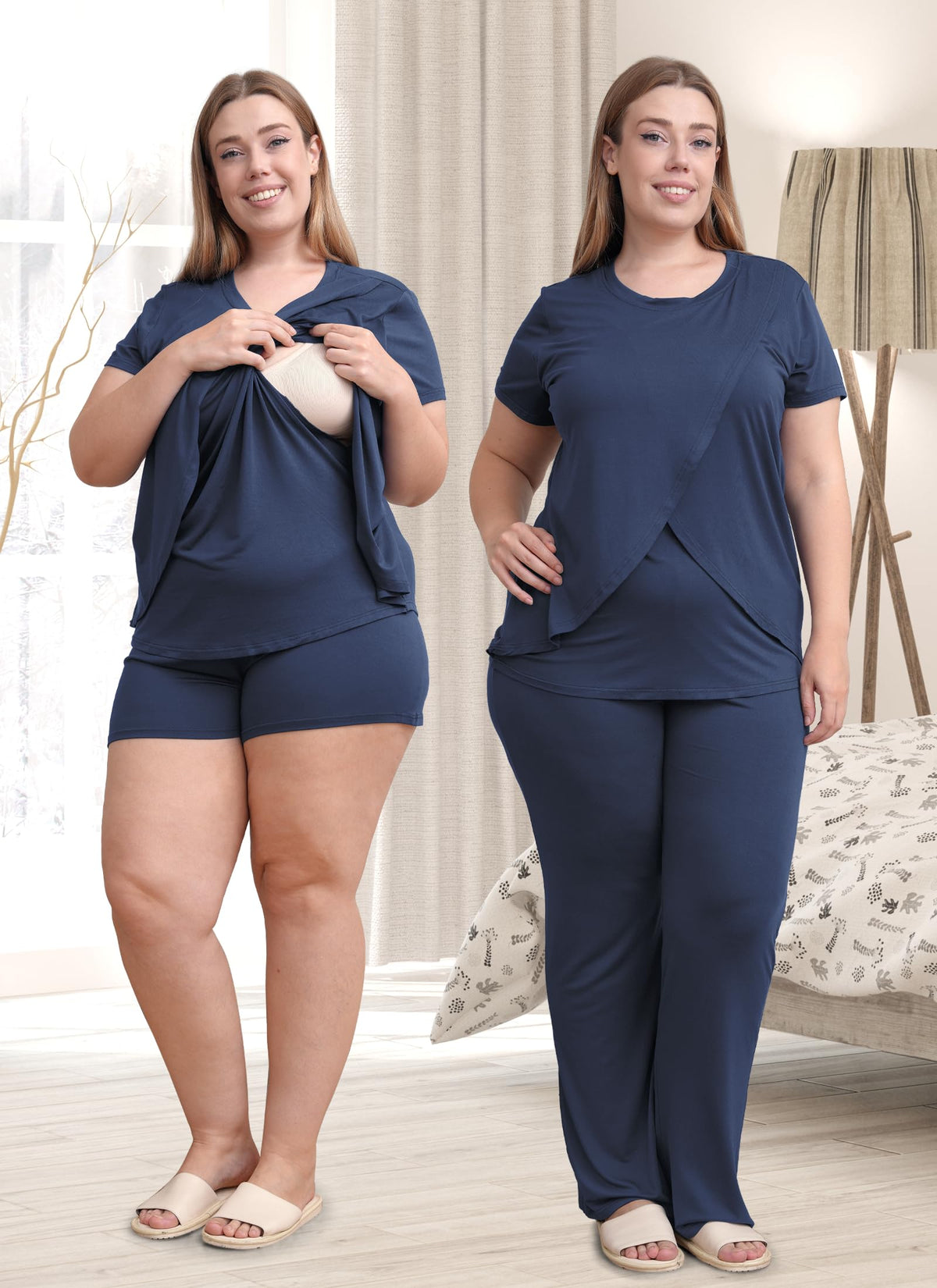 Rnxrbb nursing pajamas set navy long pants with adjustable waistband