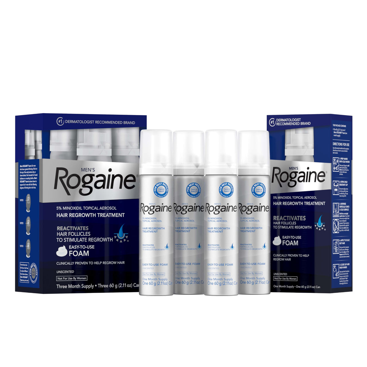 Rogaine Men's 5% Minoxidil Foam front view with four cans
