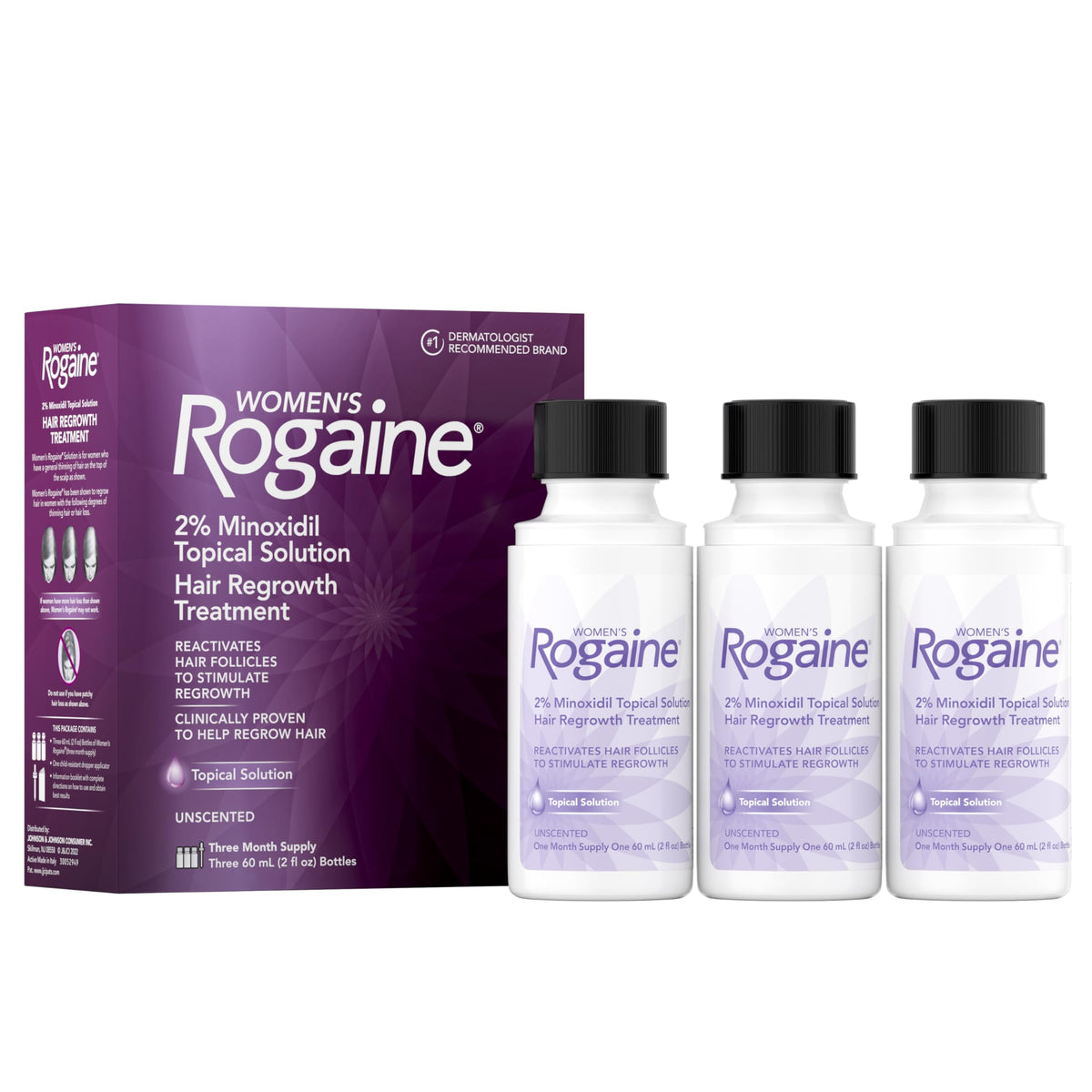 Rogaine Women's 2% Minoxidil Topical Solution front view with three bottles