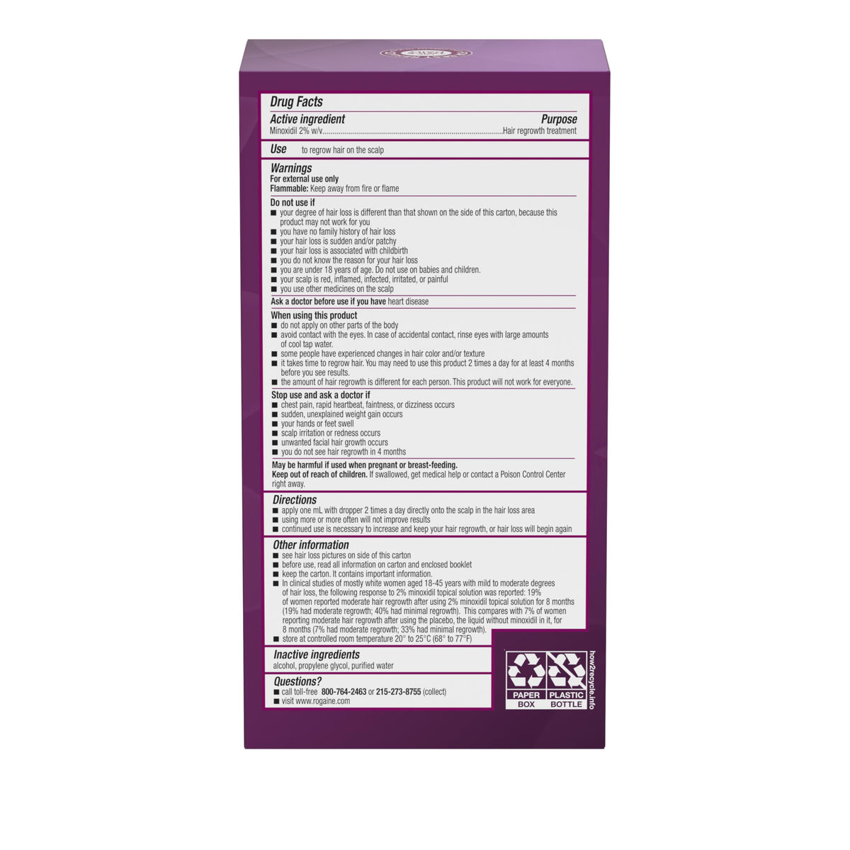 Rogaine Women's 2% Minoxidil Topical Solution with ingredients list