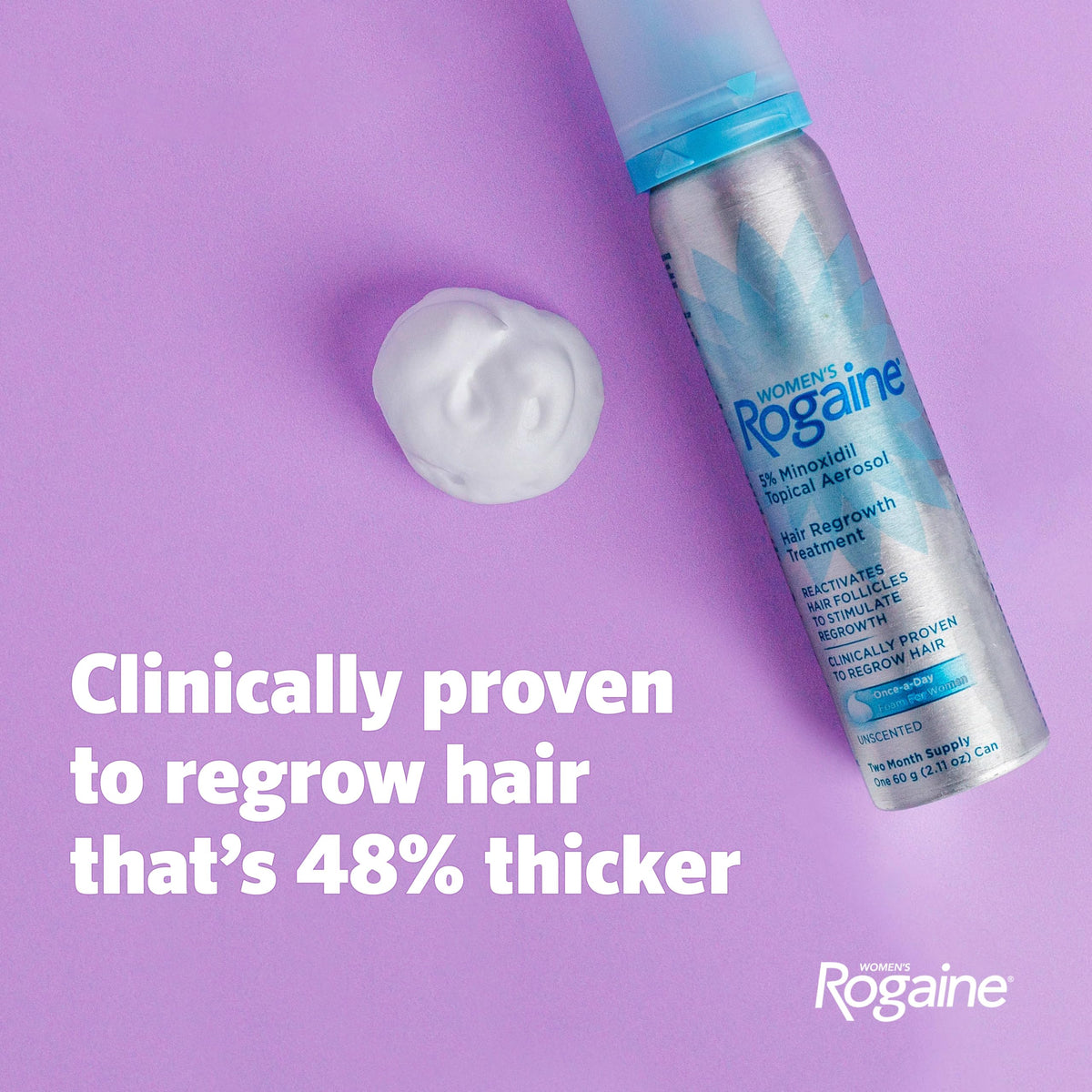 Rogaine Women's Hair Growth Foam side view showcasing aerosol canister