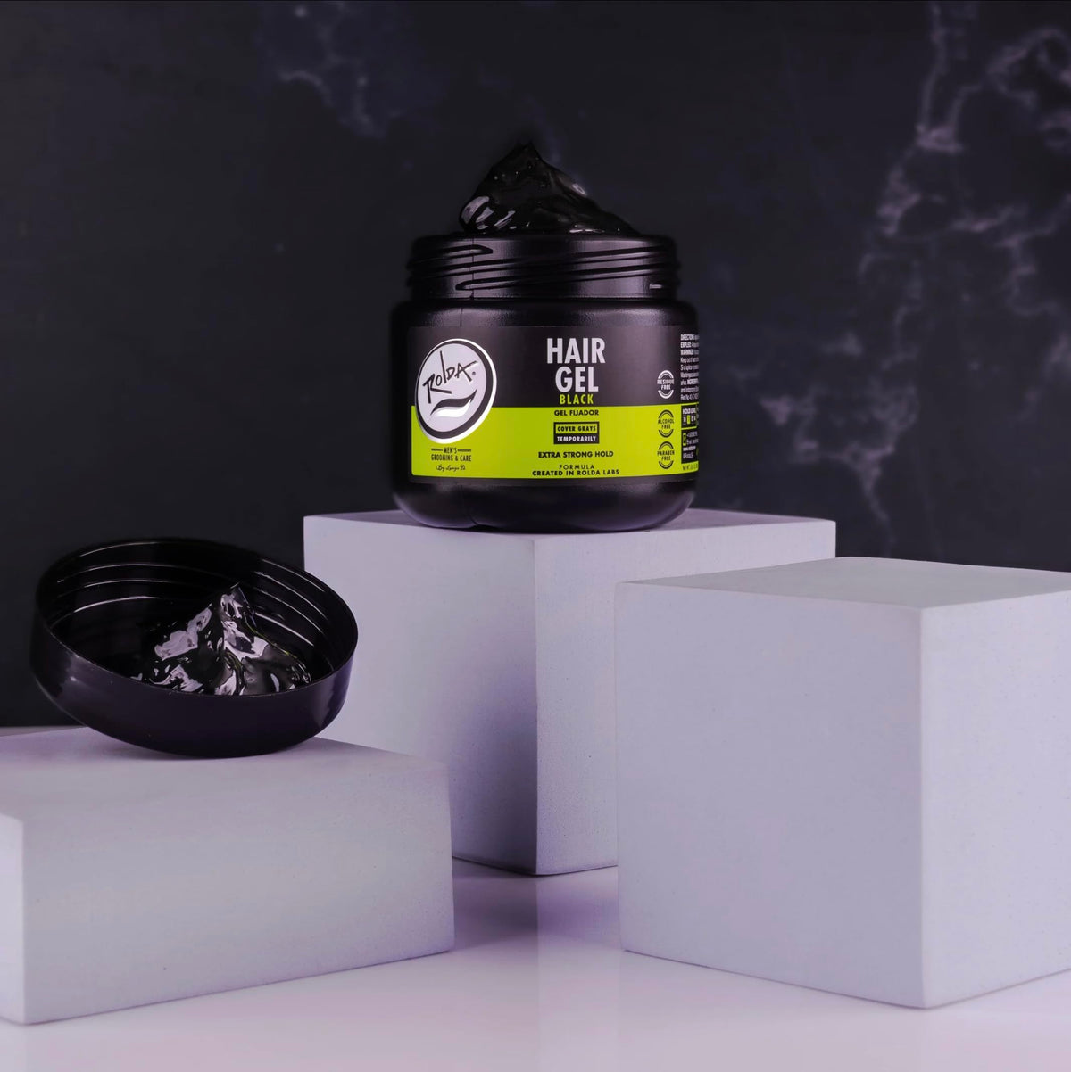 Rolda Black Hair Gel showing the texture