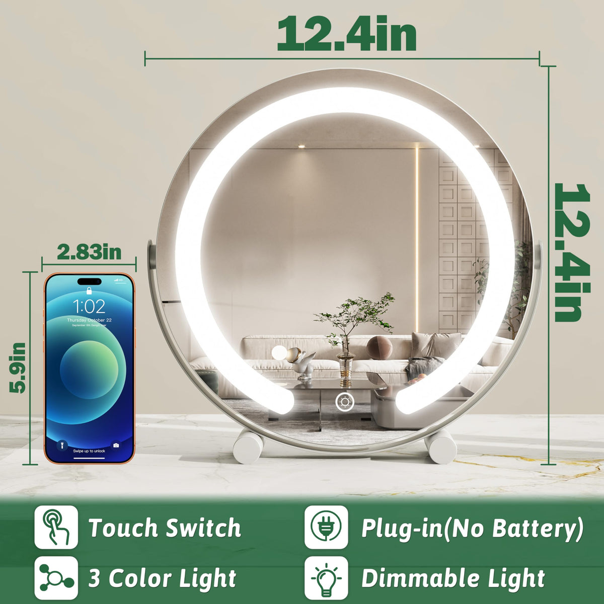ROLOVE 12 Inch LED Makeup Mirror showing three light modes
