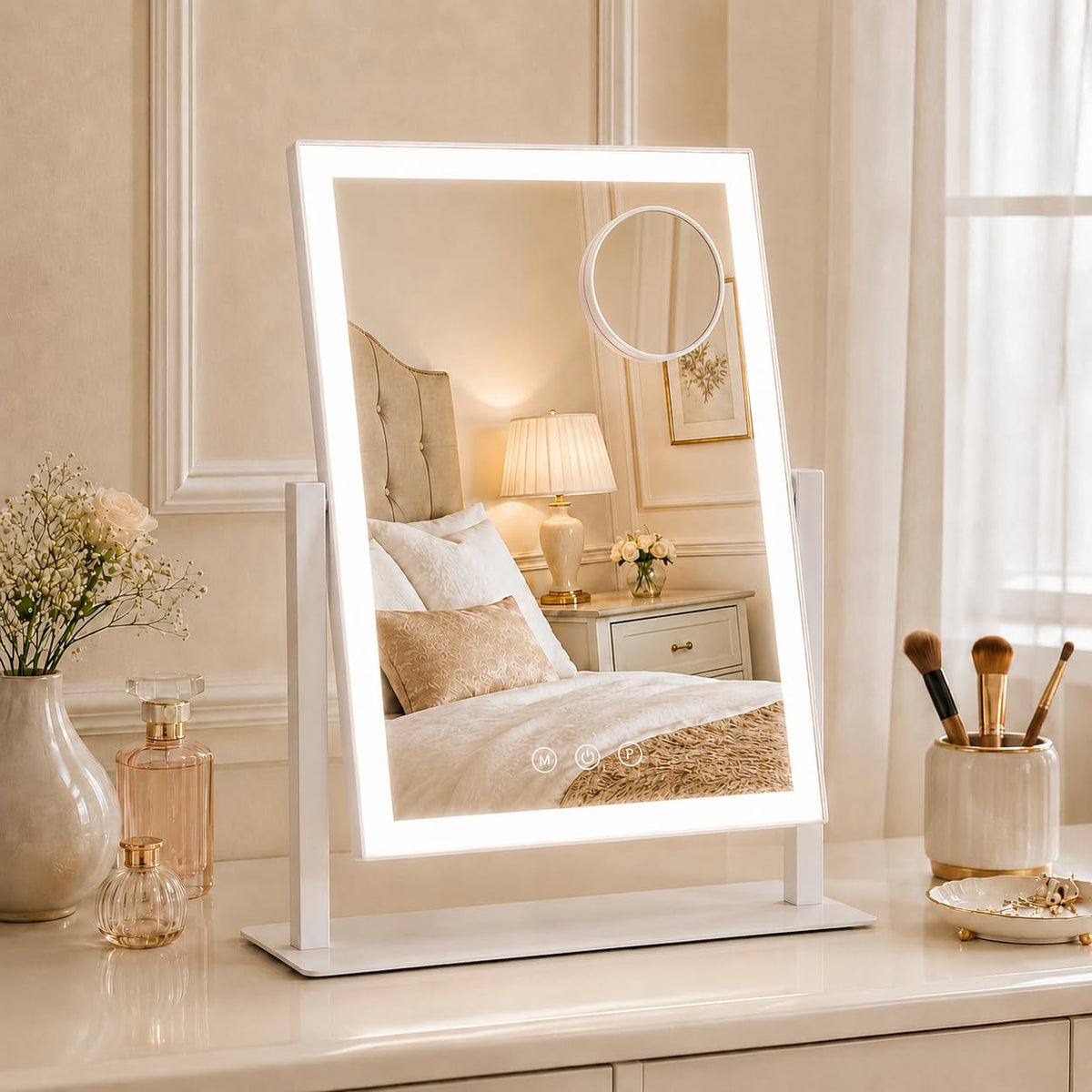 ROLOVE 16x13 lighted makeup mirror front view with LED lights