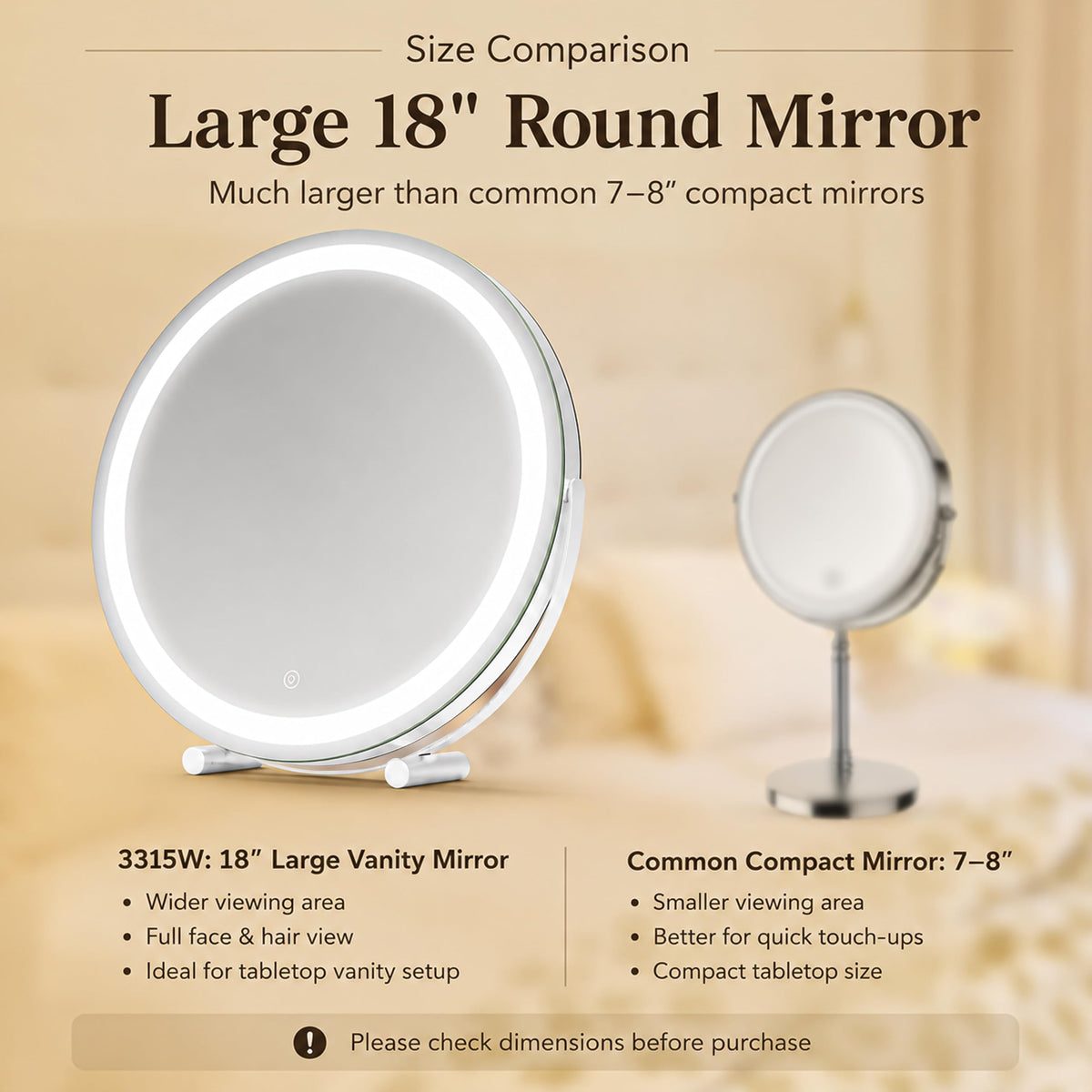 ROLOVE 18 Inch Makeup Mirror on a vanity table with makeup products