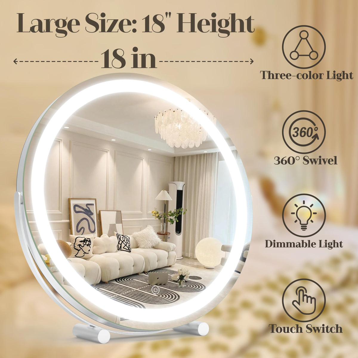 ROLOVE 18 Inch Makeup Mirror side view showing 360° rotation
