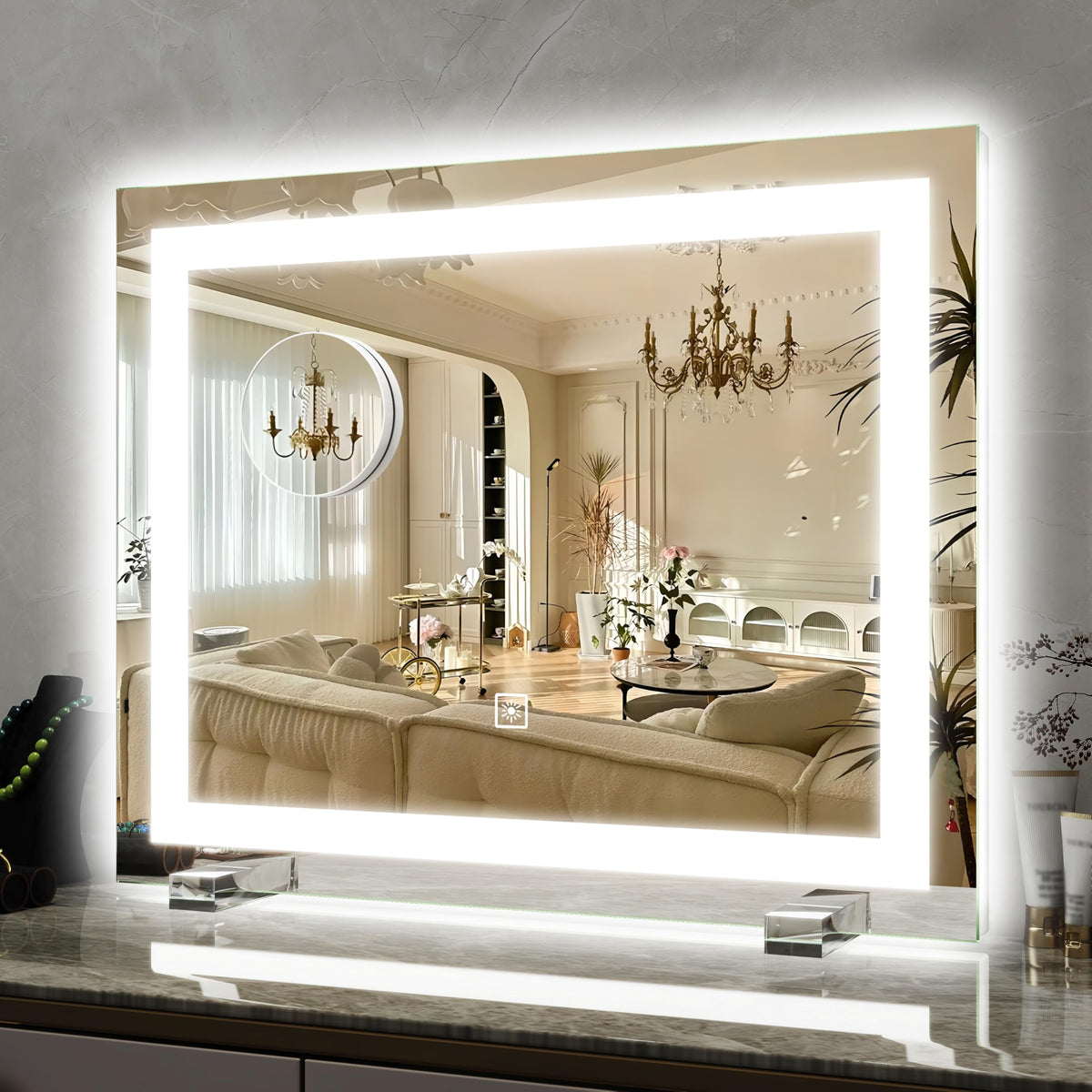 ROLOVE 22x20 Inch Lighted Vanity Mirror front view with LED halo lighting