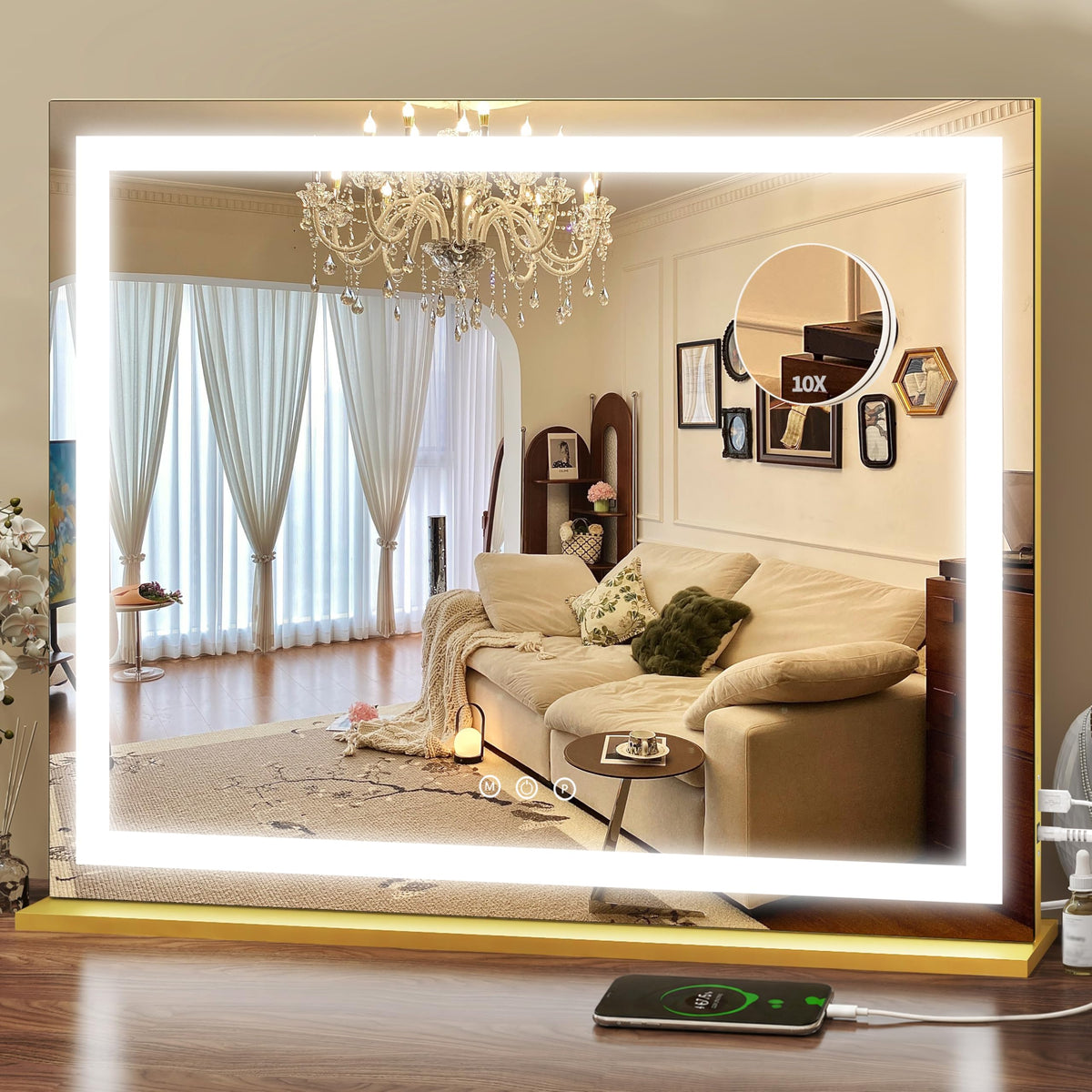 ROLOVE 23x18 Inch Gold Vanity Mirror front view with lights