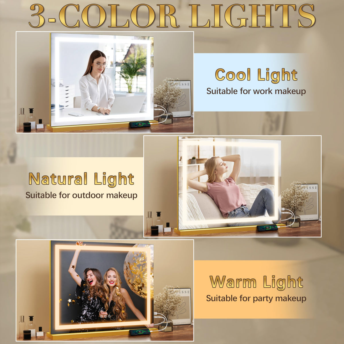 ROLOVE 23x18 Inch Gold Vanity Mirror with three light modes