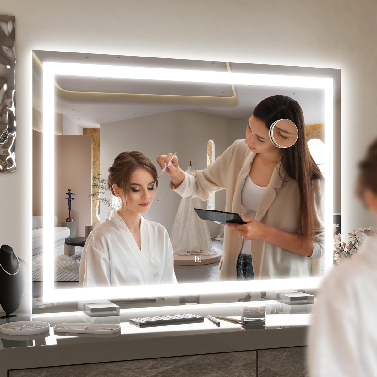 ROLOVE 38x28 Large Lighted Vanity Mirror on a dressing table