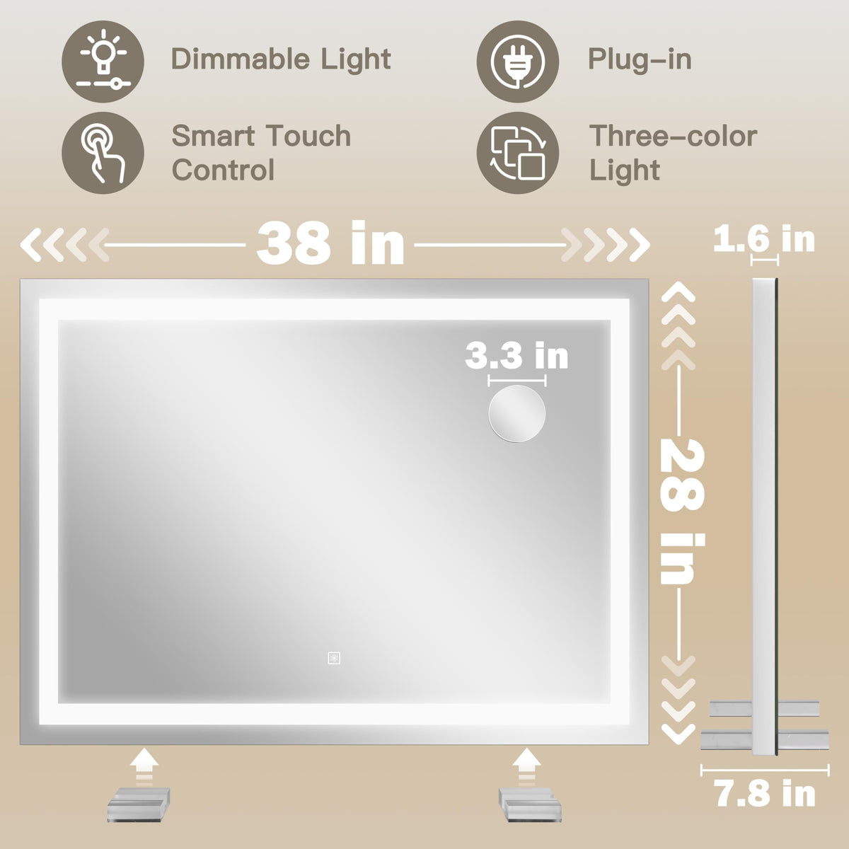 ROLOVE 38x28 Large Lighted Vanity Mirror side view with LED lights