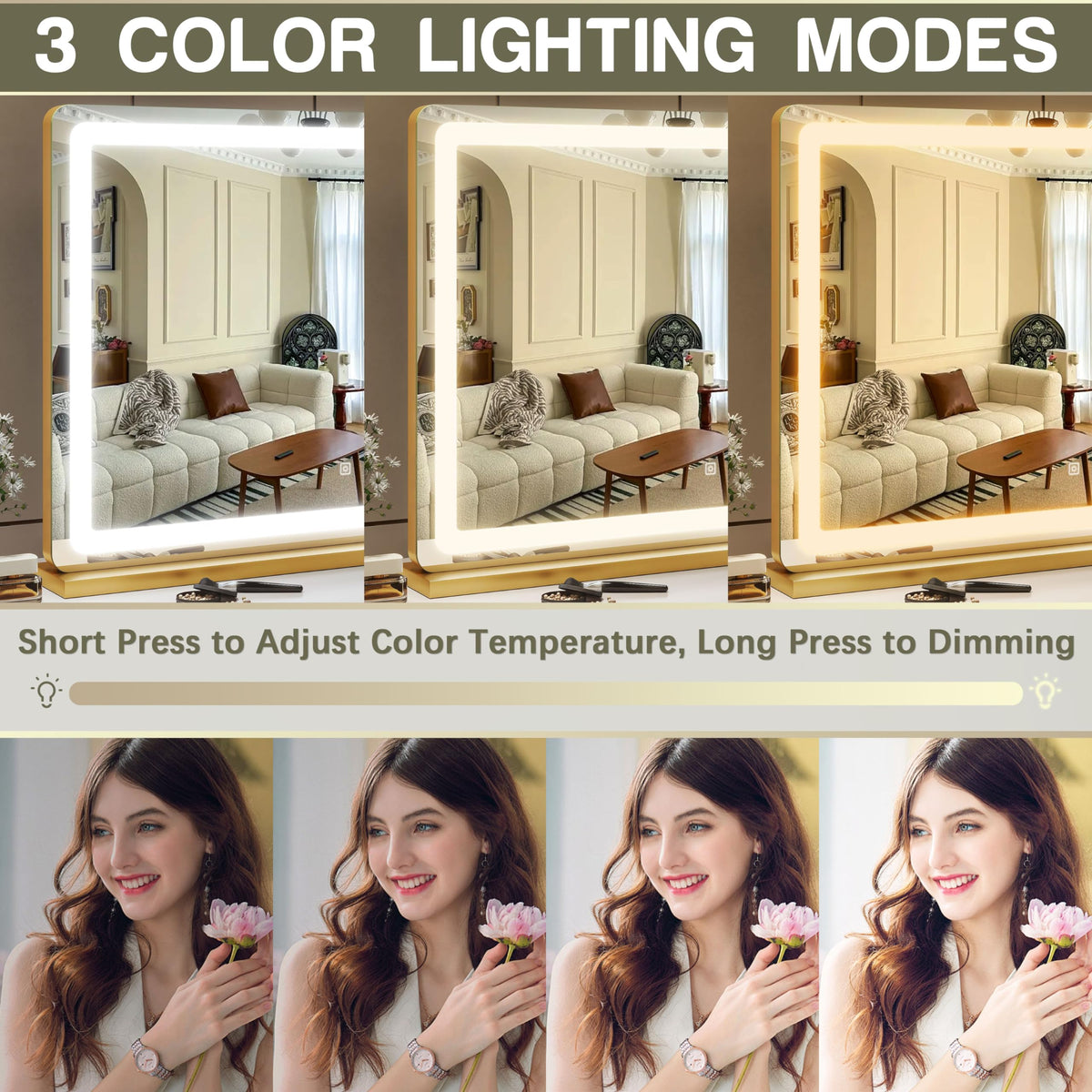 ROLOVE Gold Vanity Mirror close-up of dimming controls