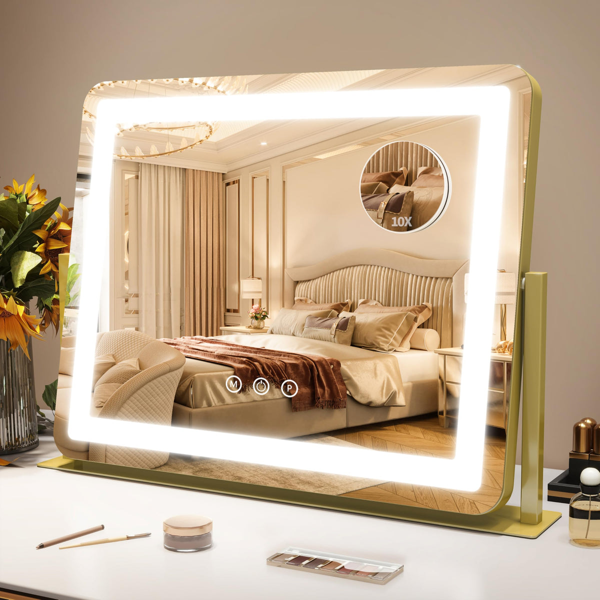 ROLOVE Gold Vanity Mirror front view with lights