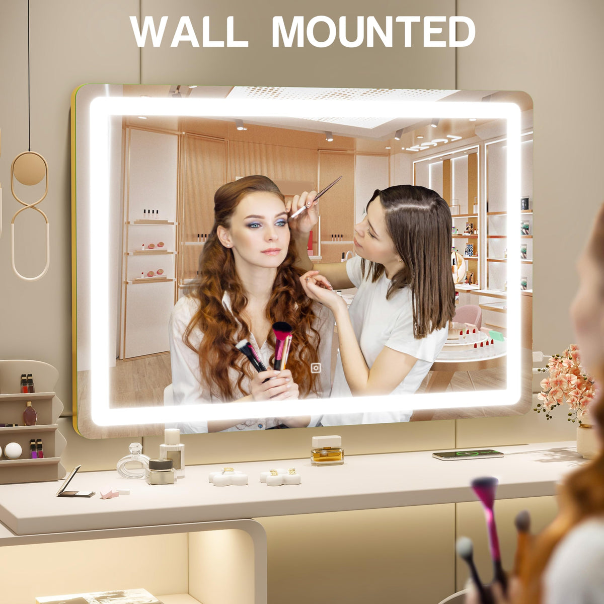 ROLOVE Gold Vanity Mirror in a well-lit makeup area