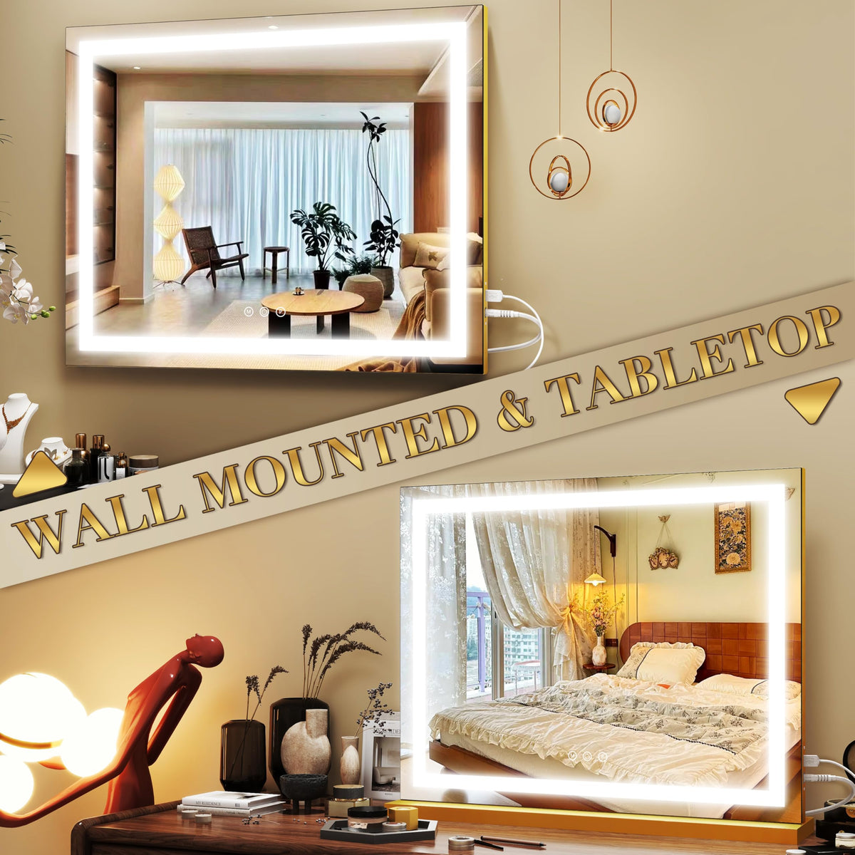 ROLOVE Gold Vanity Mirror mounted on a wall