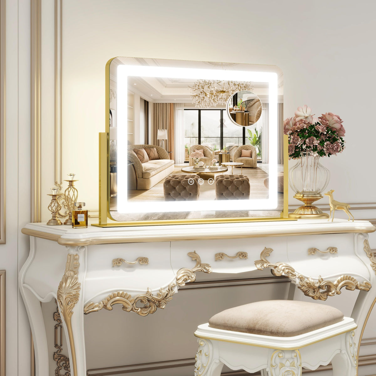 ROLOVE Gold Vanity Mirror side view showing 360-degree rotation