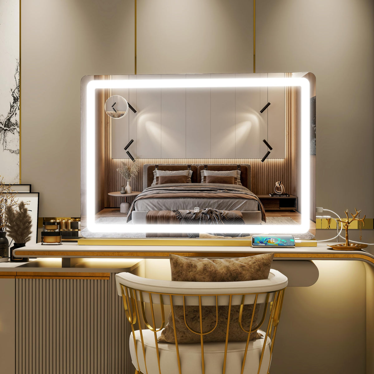 ROLOVE Gold Vanity Mirror side view showing USB port