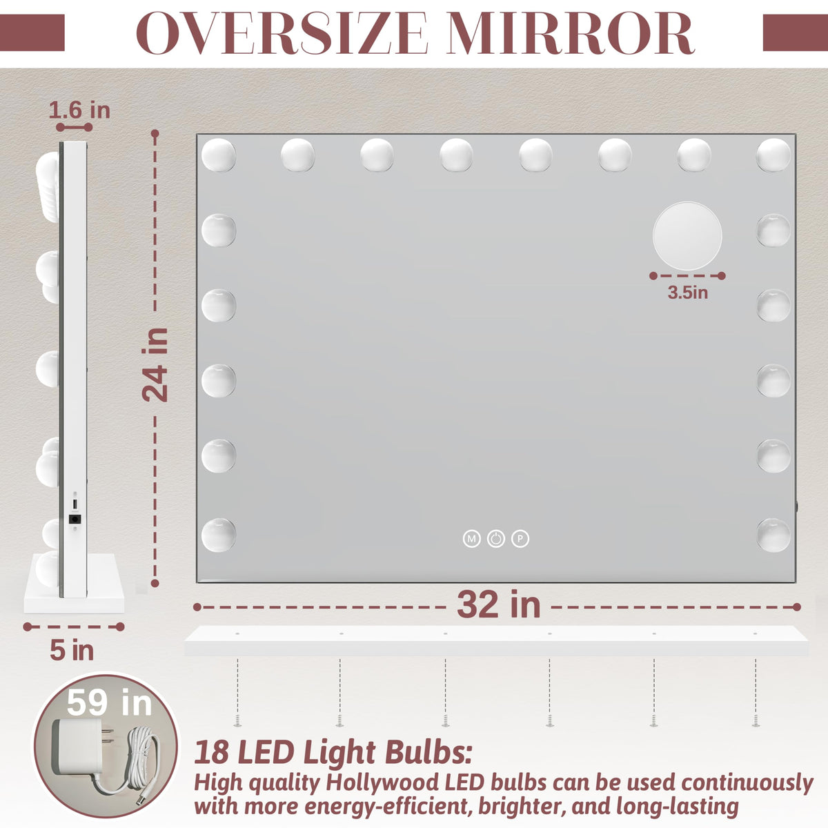 ROLOVE Hollywood vanity mirror side view with adjustable brightness controls